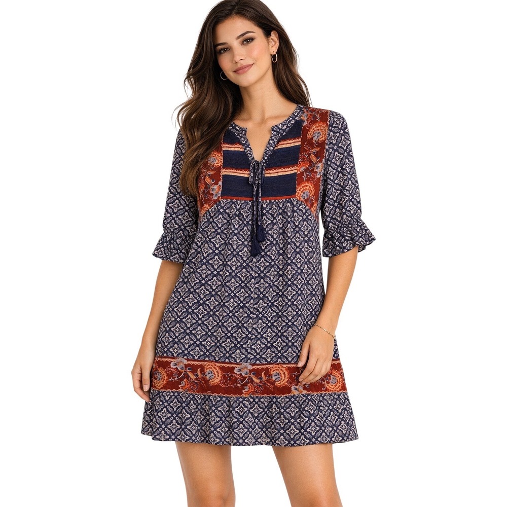 Patrons of Peace Boho Patchwork Print Dress Women Size Medium Navy Red
